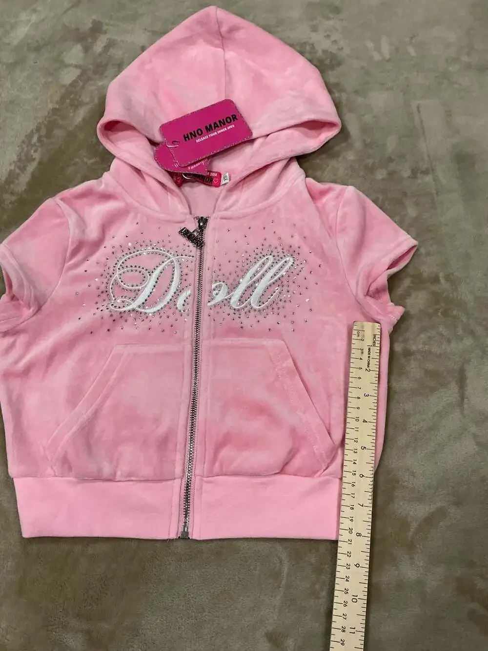 HNO Manor NWT Velvet Pink Rhinestone Doll Short Sleeve Velour Hoodie SIZE XS - Picture 3 of 5